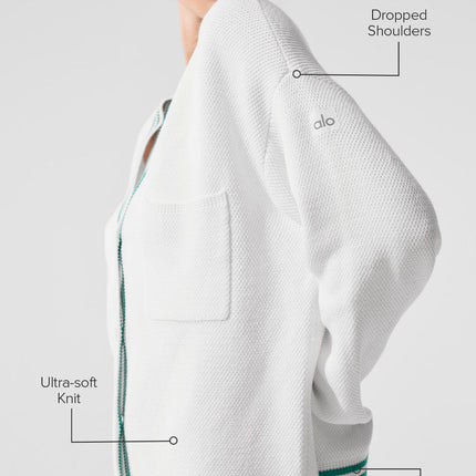 alo Women's Tennis Club Sweater Knit Cardigan White/Spruce Green