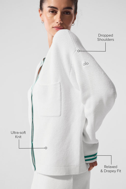 alo Women's Tennis Club Sweater Knit Cardigan White/Spruce Green