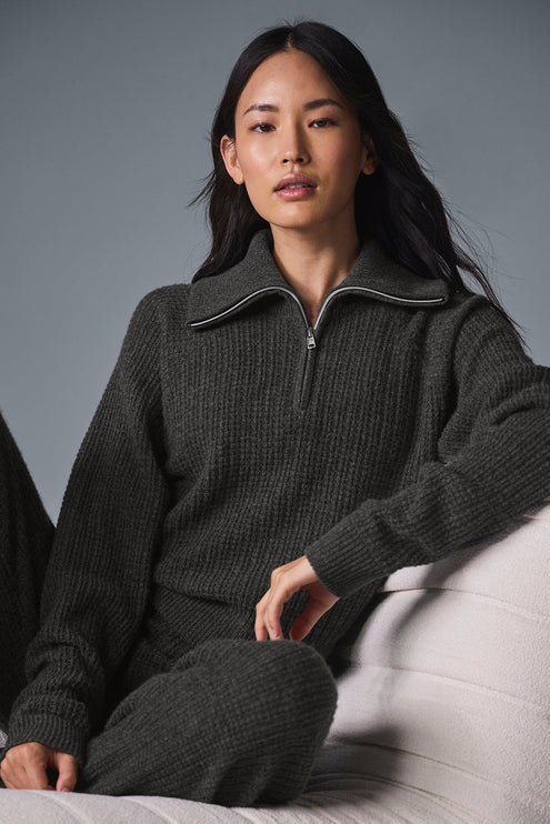 alo Women's Cashmere Plush Waffle 1/4 Zip Pullover - Dark Heather Grey