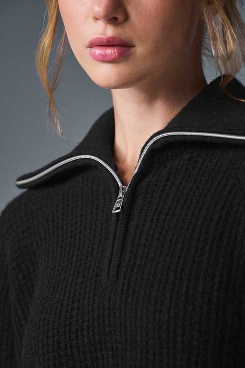 alo Women's Cashmere Plush Waffle 1/4 Zip Pullover - Black