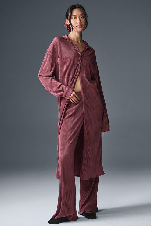 alo Women's Micro Plisse Shirt Dress - Burgundy Truffle