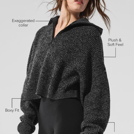 alo Women's Marl Sweater 1/4 Zip Pullover - Black Marl