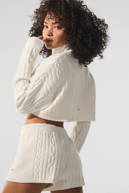 alo Women's Cable Knit Cropped Winter Bliss Turtleneck Long Sleeve - Ivory