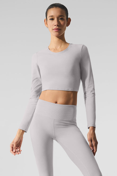 alo Women's Washed Alosoft Crop Finesse Long Sleeve - Grey Sky Wash