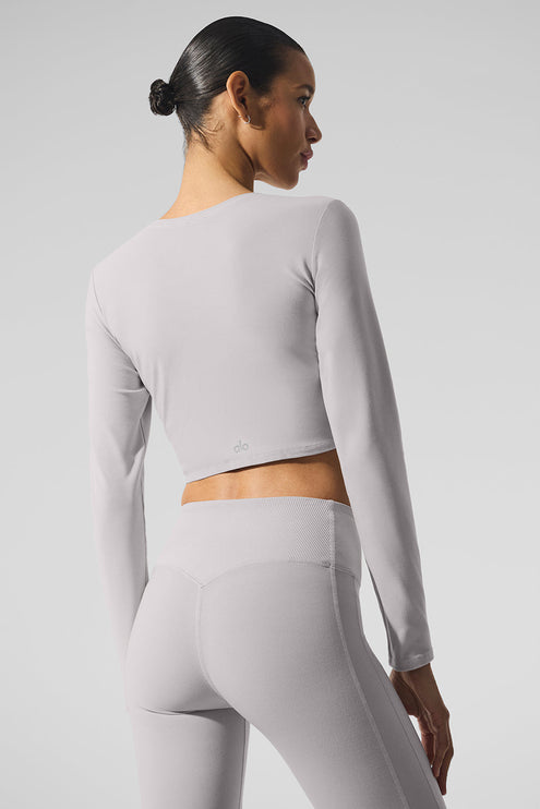 alo Women's Washed Alosoft Crop Finesse Long Sleeve - Grey Sky Wash