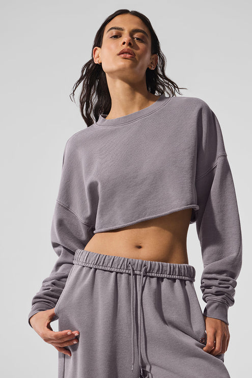 alo Women's Washed Extreme Cropped Pullover - Cool Grey Wash
