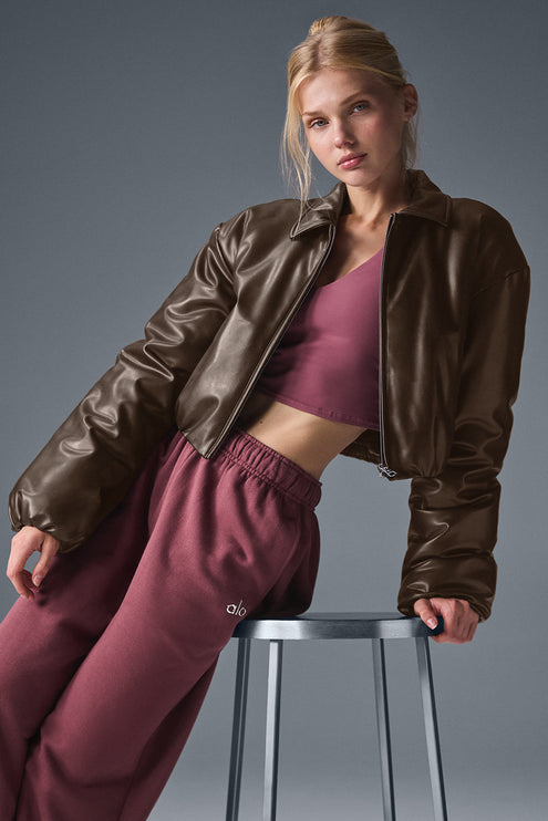 alo Women's Faux Leather Cropped Premier Bomber Espresso