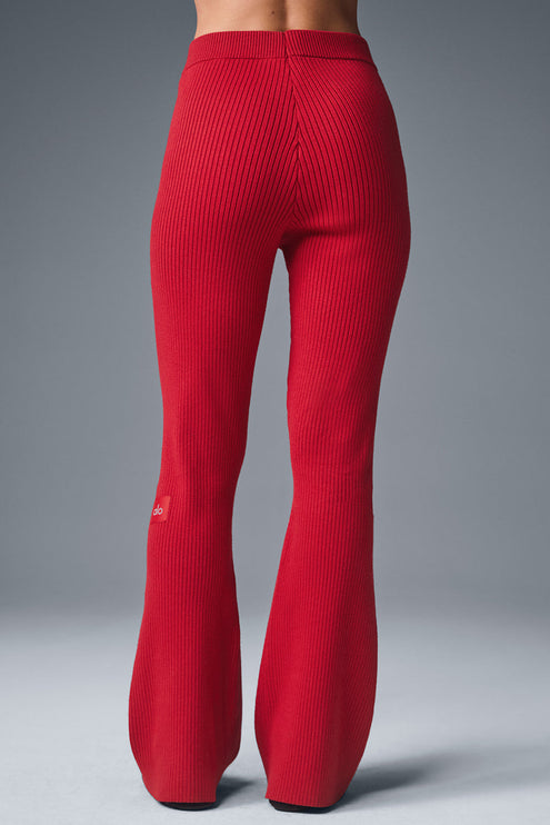 alo Women's Denim Knit High-Waist Flare Pant - Bold Red/Dark Bold Red