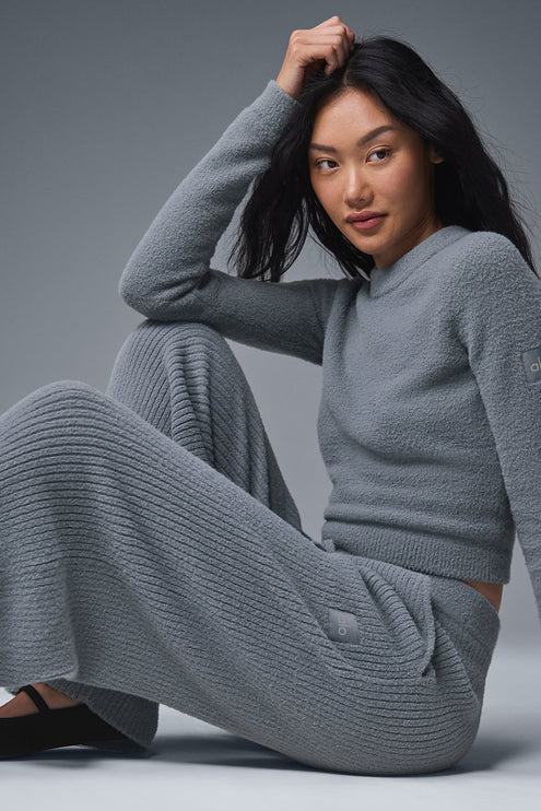 alo Women's Snuggle Up Sweater High-Waist Wide Leg Pant - Steel Grey