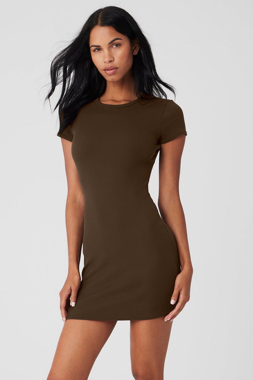 alo Women's Goddess Ribbed Short Sleeve Dress - Espresso