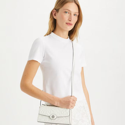 Tory Burch Women's Mini Robinson Floral Embossed Crossbody Blanc