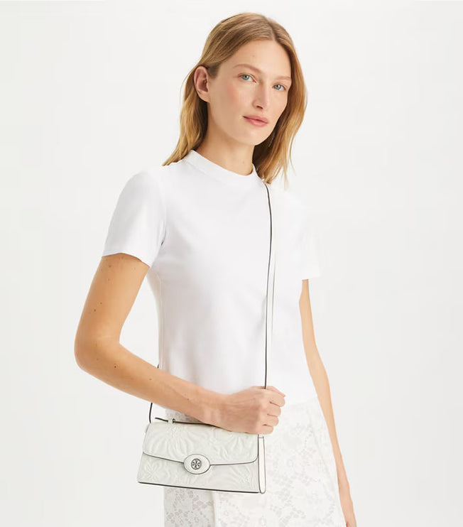 Tory Burch Women's Mini Robinson Floral Embossed Crossbody Blanc