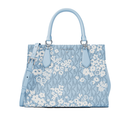 Michael Kors Women's Marilyn Medium Printed Signature Logo Satchel Bag Pale Ocean Silver