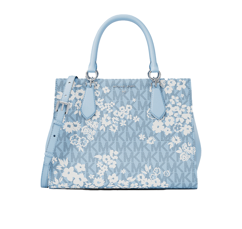 Michael Kors Women's Marilyn Medium Printed Signature Logo Satchel Bag Pale Ocean Silver
