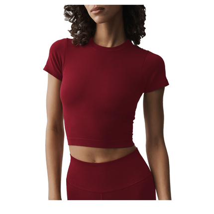 alo Women's Seamless Modal Ribbed Cropped Short Sleeve Summer Romance Red
