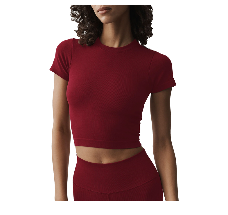 alo Women's Seamless Modal Ribbed Cropped Short Sleeve Summer Romance Red