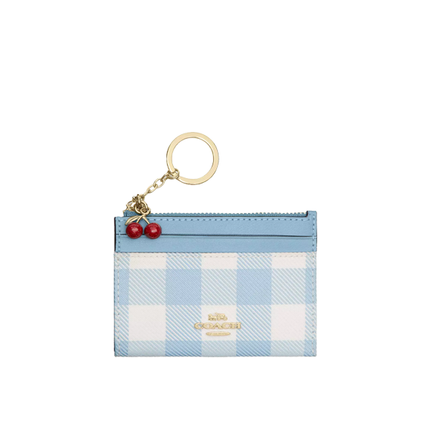 Coach Women's Mini Skinny Id Case With Gingham Print And Charm Gold/Blue Multi
