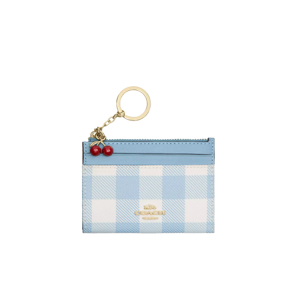 Coach Women's Mini Skinny Id Case With Gingham Print And Charm Gold/Blue Multi