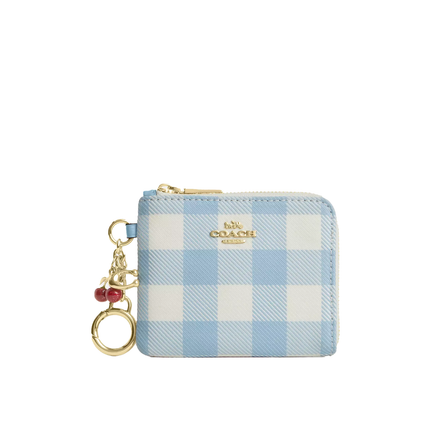 Coach Women's Small Corner Zip Wallet With Gingham Print And Charms Gold/Blue Multi
