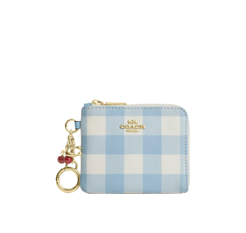 Coach Women's Small Corner Zip Wallet With Gingham Print And Charms Gold/Blue Multi