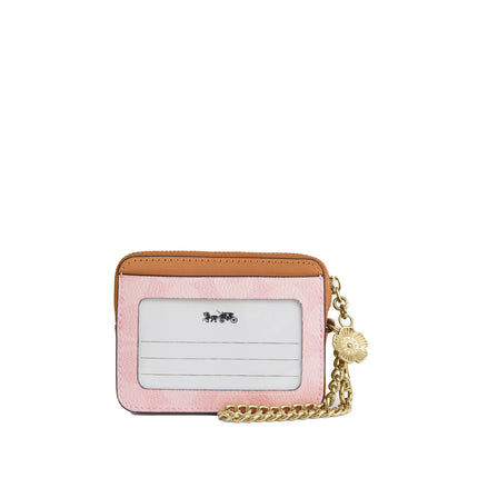 Coach Women's Zip Card Case In Signature Canvas With Charm Gold/Powder Pink