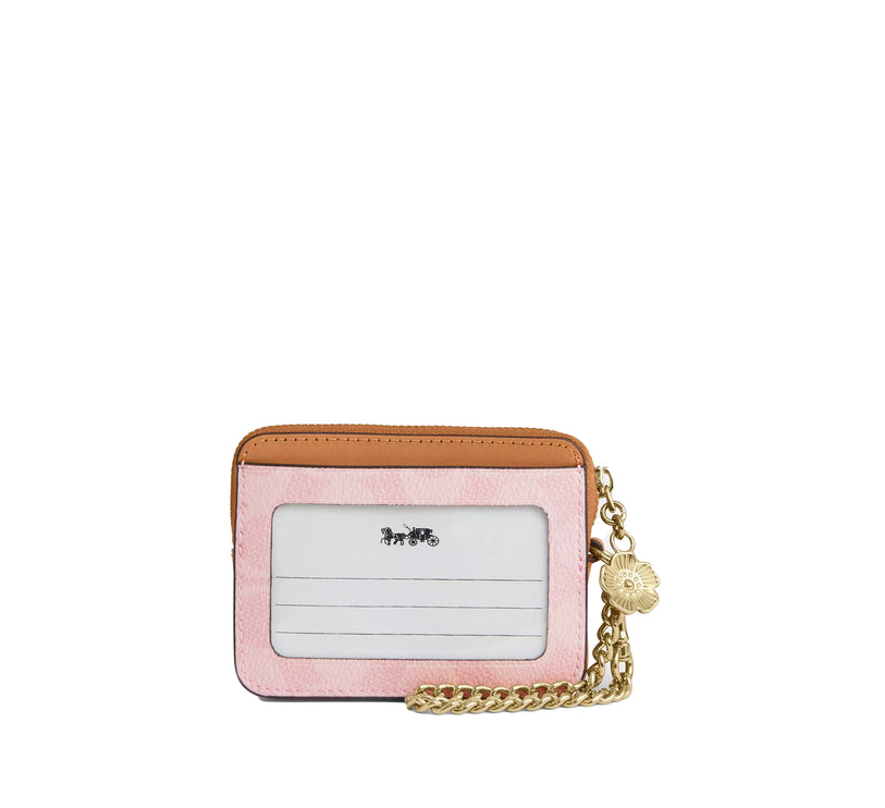 Coach Women's Zip Card Case In Signature Canvas With Charm Gold/Powder Pink