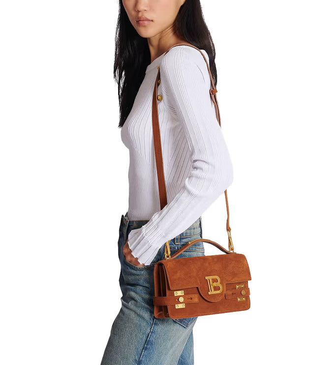 Balmain Women's Suede B-Buzz Shoulder 24 Bag Brown