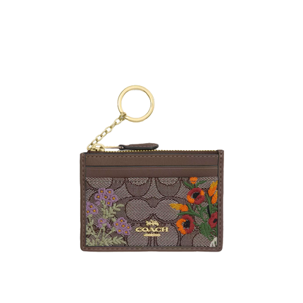 Coach Women's Mini Skinny Id Case In Signature Jacquard With Floral Embroidery Gold/Oak Multi