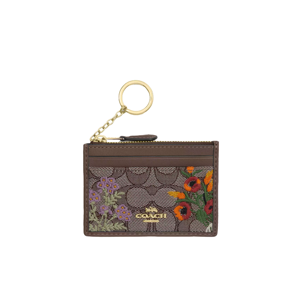 Coach Women's Mini Skinny Id Case In Signature Jacquard With Floral Embroidery Gold/Oak Multi