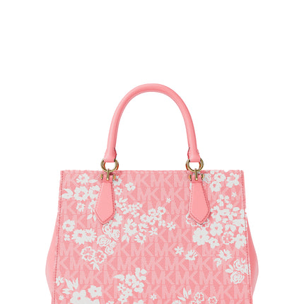 Michael Kors Women's Marilyn Medium Printed Signature Logo Satchel Bag Carnation/Gold