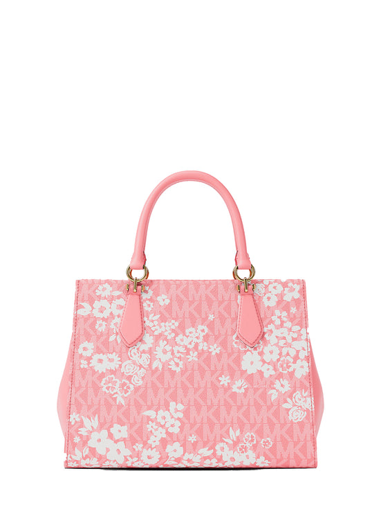 Michael Kors Women's Marilyn Medium Printed Signature Logo Satchel Bag Carnation/Gold