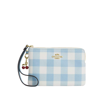 Coach Women's Corner Zip Wristlet With Gingham Print And Charm Gold/Blue Multi