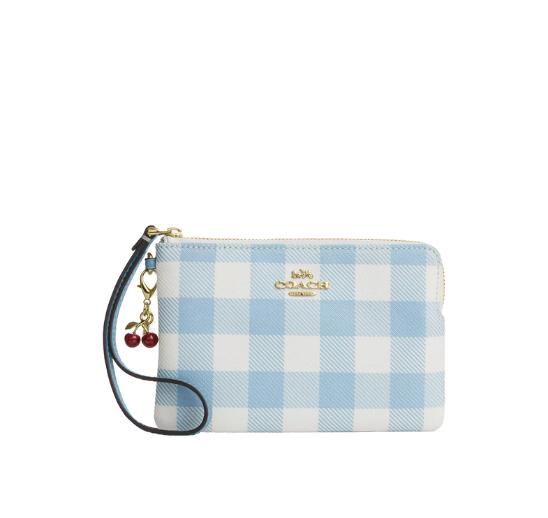 Coach Women's Corner Zip Wristlet With Gingham Print And Charm Gold/Blue Multi