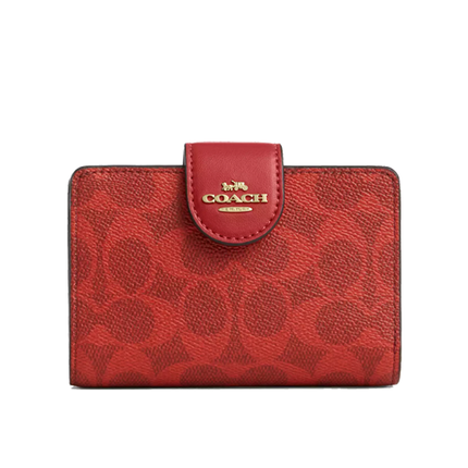 Coach Women's Medium Corner Zip Wallet In Signature Canvas Gold/Crimson