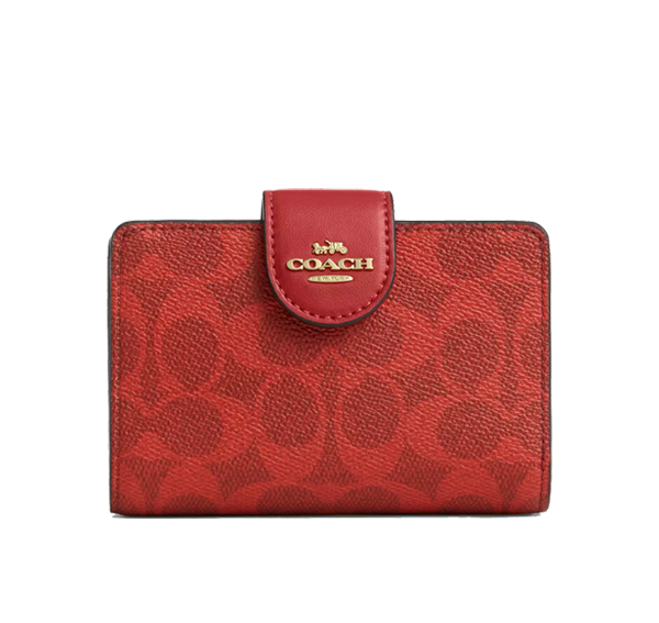 Coach Women's Medium Corner Zip Wallet In Signature Canvas Gold/Crimson
