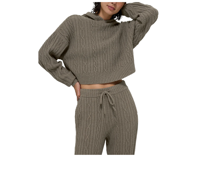 alo Women's Cable Knit Winter Bliss Hoodie Light Cocoa