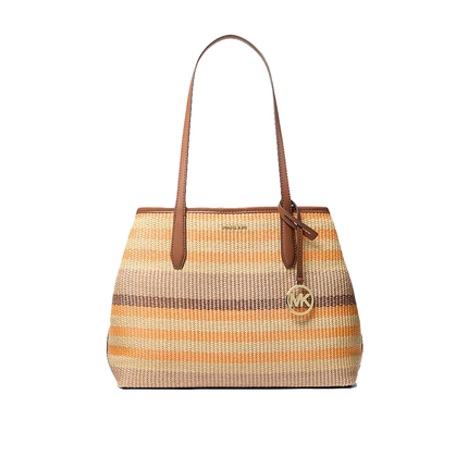 Michael Kors Women's Avalon Medium Striped Woven Tote Bag Rad Orange Multi/Gold