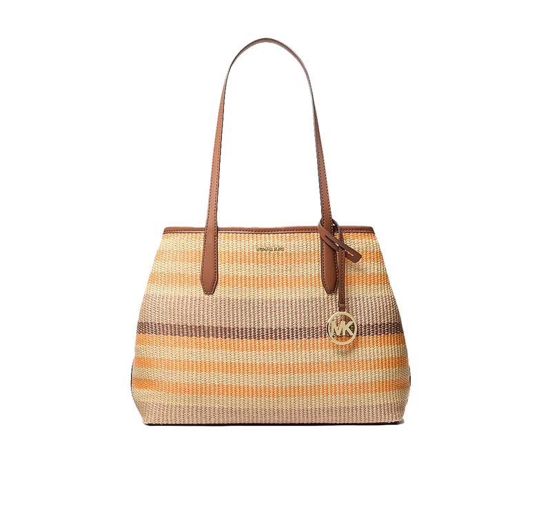Michael Kors Women's Avalon Medium Striped Woven Tote Bag Rad Orange Multi/Gold