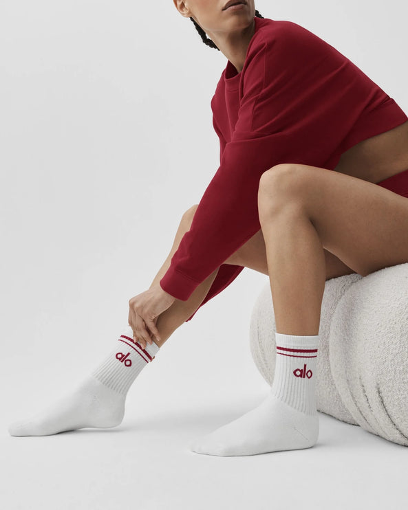 alo Unisex Half-Crew Throwback Sock White/Summer Romance Red