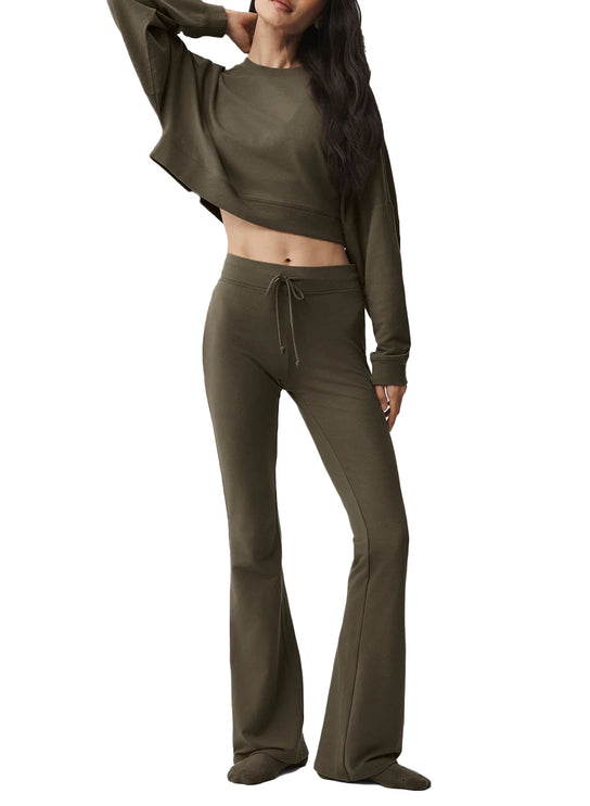 alo Women's Cropped Sway Crew Neck Pullover Olive Tree