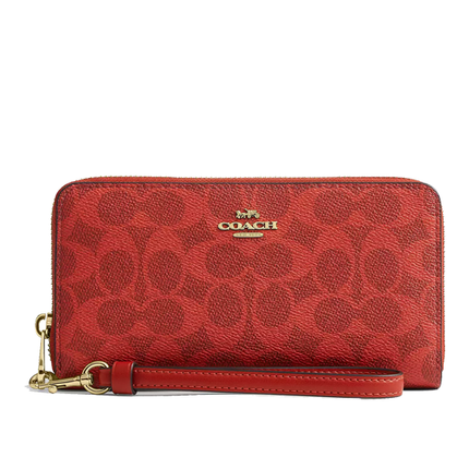 Coach Women's Long Zip Around Wallet In Signature Canvas Gold/Crimson