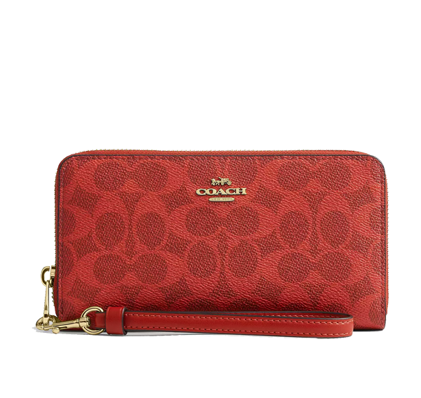 Coach Women's Long Zip Around Wallet In Signature Canvas Gold/Crimson