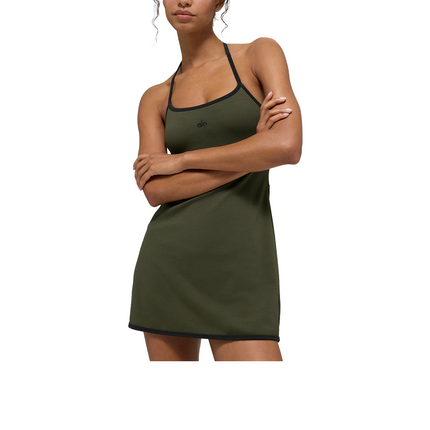 alo Women's Softsculpt Halter Tennis Dress Green Olive/Black