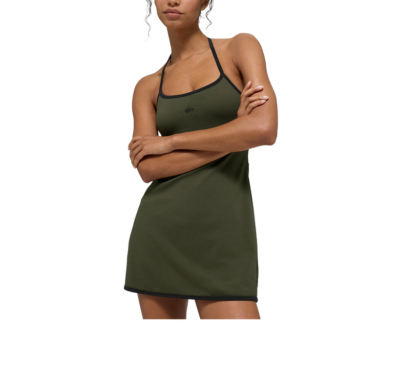 alo Women's Softsculpt Halter Tennis Dress Green Olive/Black