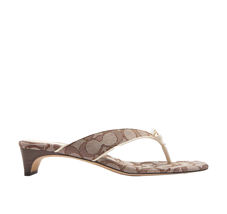 Coach Women's Bow Thong Kitten Heel In Signature Jacquard Oak/Chalk
