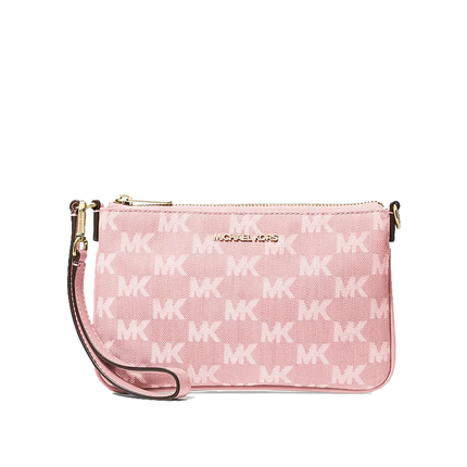 Michael Kors Women's Jet Set Travel Small Logo Jacquard Denim Wristlet Powder Blush/Gold