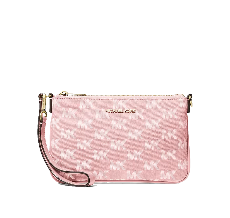 Michael Kors Women's Jet Set Travel Small Logo Jacquard Denim Wristlet Powder Blush/Gold
