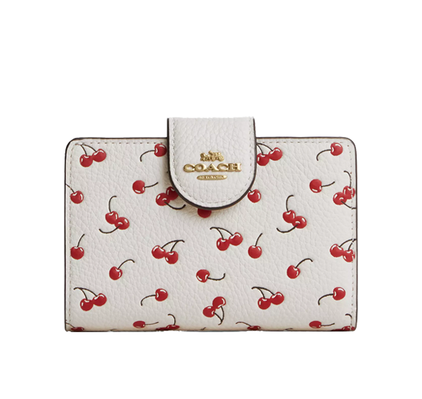Coach Women's Medium Corner Zip Wallet With Cherry Print Gold/Chalk Multi