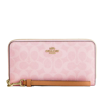 Coach Women's Long Zip Around Wallet In Signature Canvas Gold/Powder Pink