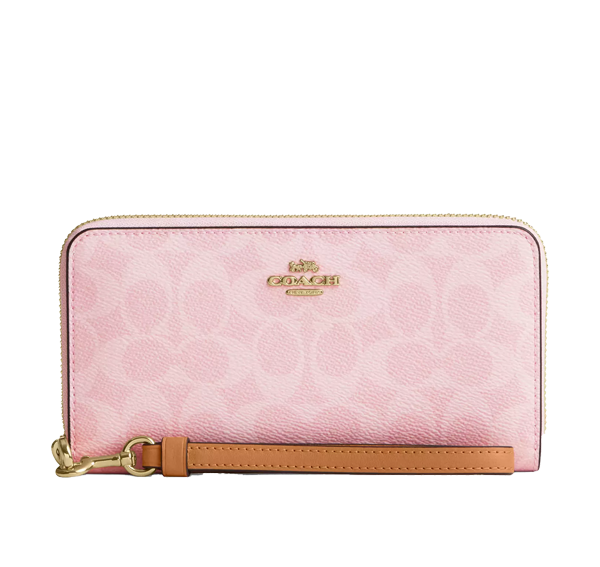 Coach Women's Long Zip Around Wallet In Signature Canvas Gold/Powder Pink